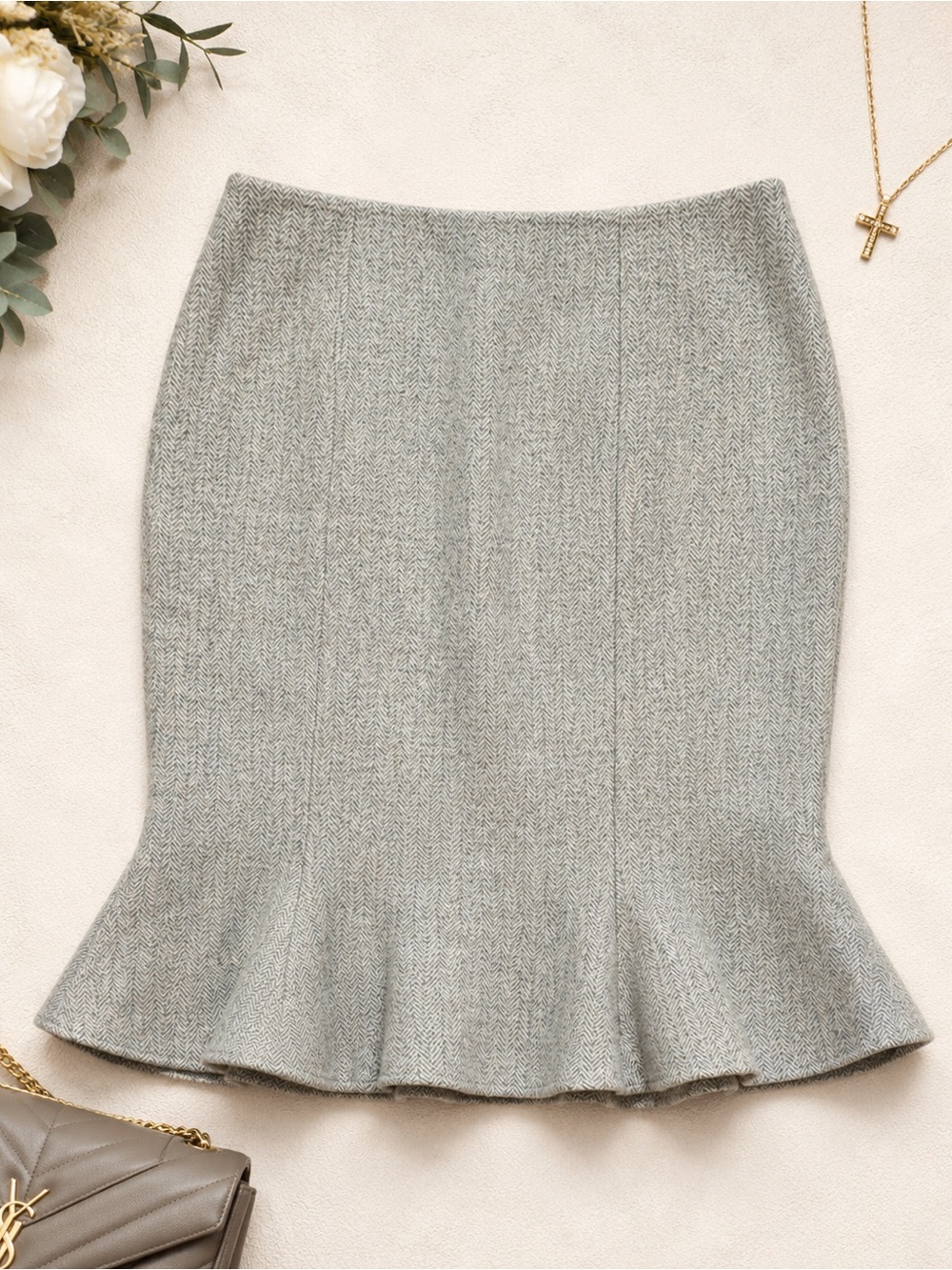 Chloé Wool Tweed Trumpet Skirt Beige Chevron | Size 44 / US 10